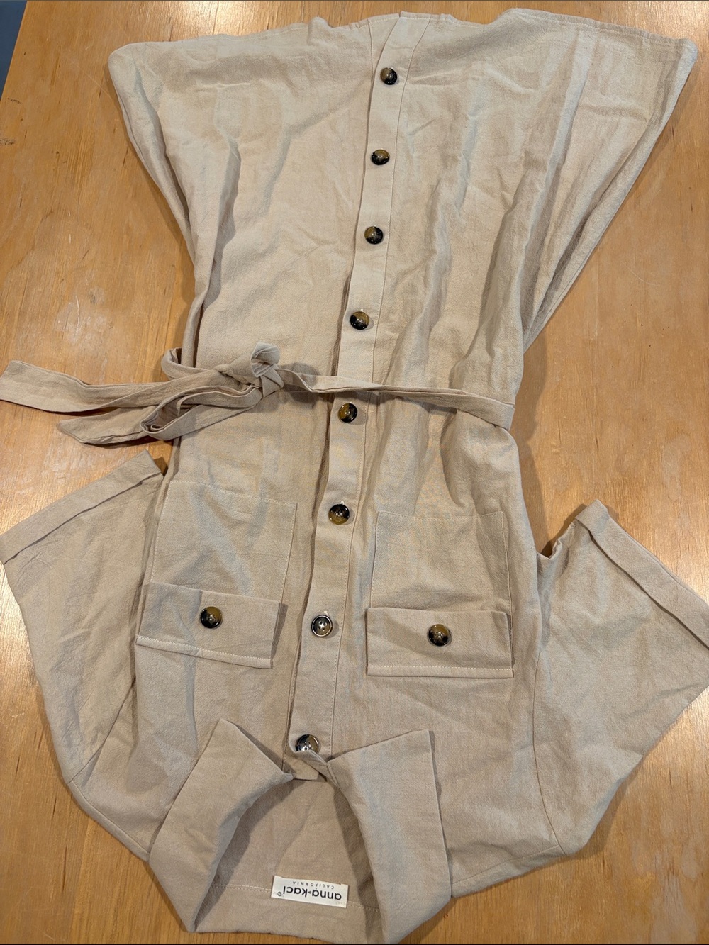 anna-kaci ~ Khaki Beige Button-Front Utility Dress with Tie Waist
